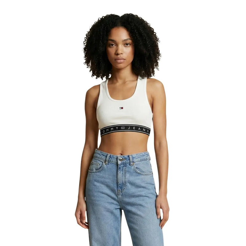 Tommy Hilfiger Jeans crop top blanc à col rond pour femme top avec un bracelet noir orné du logo de la marque