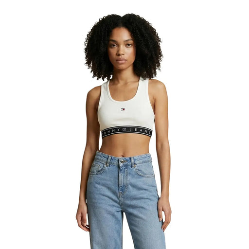 Tommy Hilfiger Jeans crop top blanc à col rond pour femme top avec un bracelet noir orné du logo de la marque