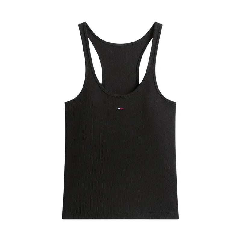 Débardeur dos nageur côtelé en coton noir top avec petit Tommy Hilfiger logo sur la poitrine pour vêtements décontractés pour femmes