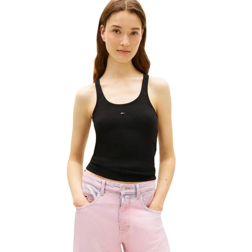 Débardeur en coton noir Tommy Hilfiger top avec col rond et petit logo sur la poitrine pour femmes