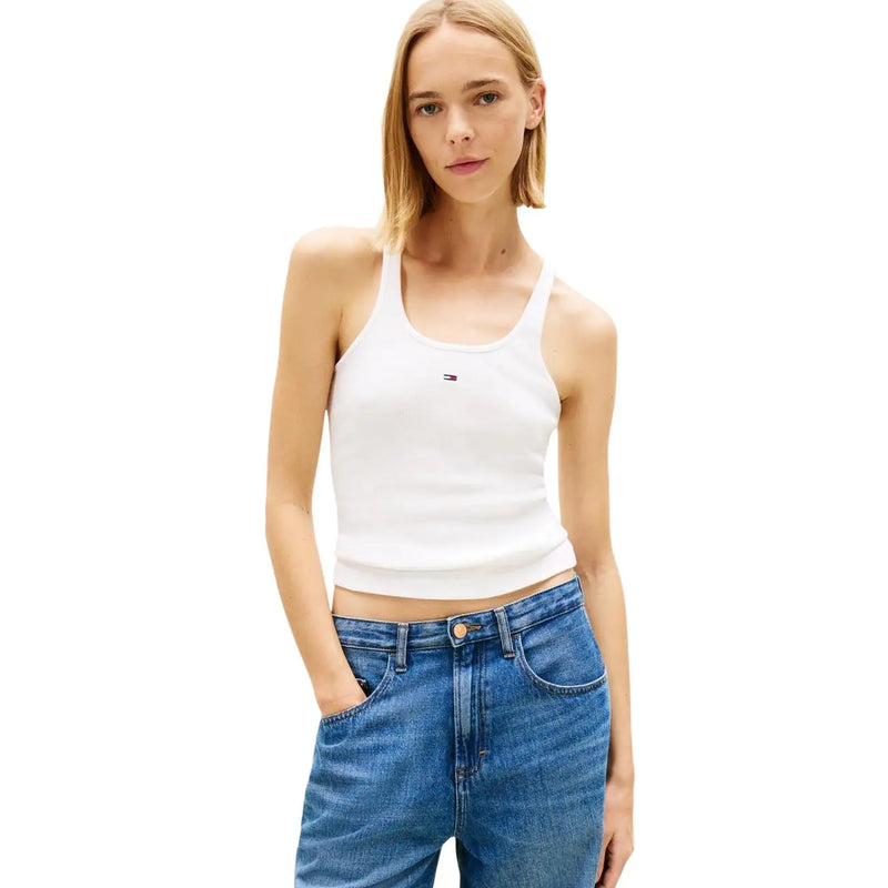 débardeur court en coton blanc top avec petit Tommy Hilfiger logo sur la poitrine, convient aux vêtements décontractés