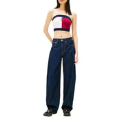 Tommy Hilfiger crop top sans bretelles top En denim de coton biologique pour femme, style Bordeaux, bleu marine, blanc et rouge avec bordure noire top