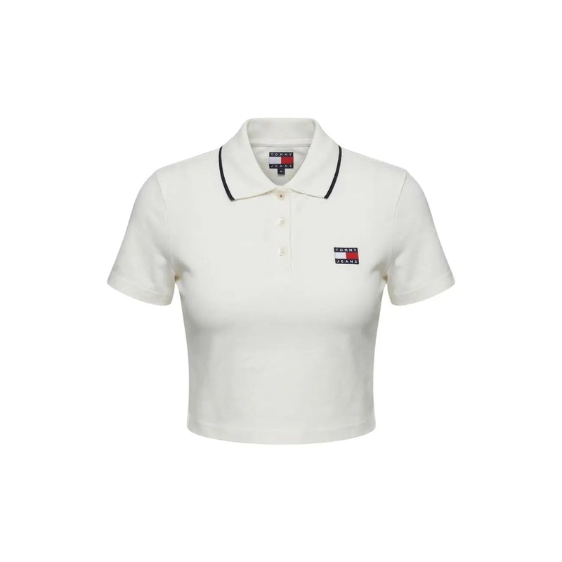 Tommy Hilfiger Jeans Polo blanc à manches courtes pour femme top en crème avec bordure de col noire et écusson logo brodé