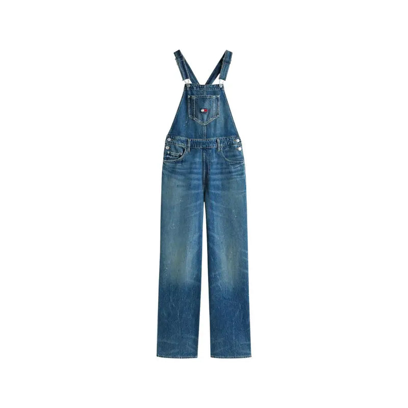Tommy hilfiger light blue denim jumpsuit for women featuring classic blue denim overalls with a chest logo patch