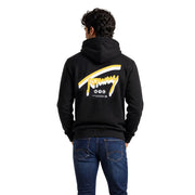 Sweat à capuche noir Tommy Hilfiger pour homme en coton, arborant un logo jaune et blanc audacieux au dos.