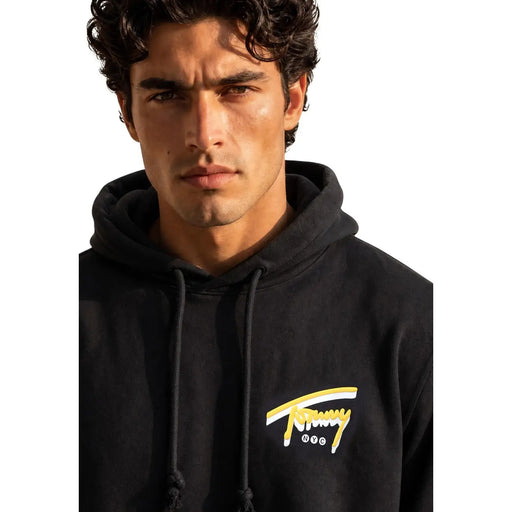 Tommy Hilfiger Sweat à capuche noir en coton pour homme, avec logo jaune et blanc sur la poitrine