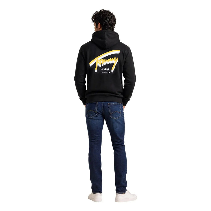 Sweat à capuche noir Tommy Hilfiger pour homme en coton, dos visible avec logo jaune et blanc en gras