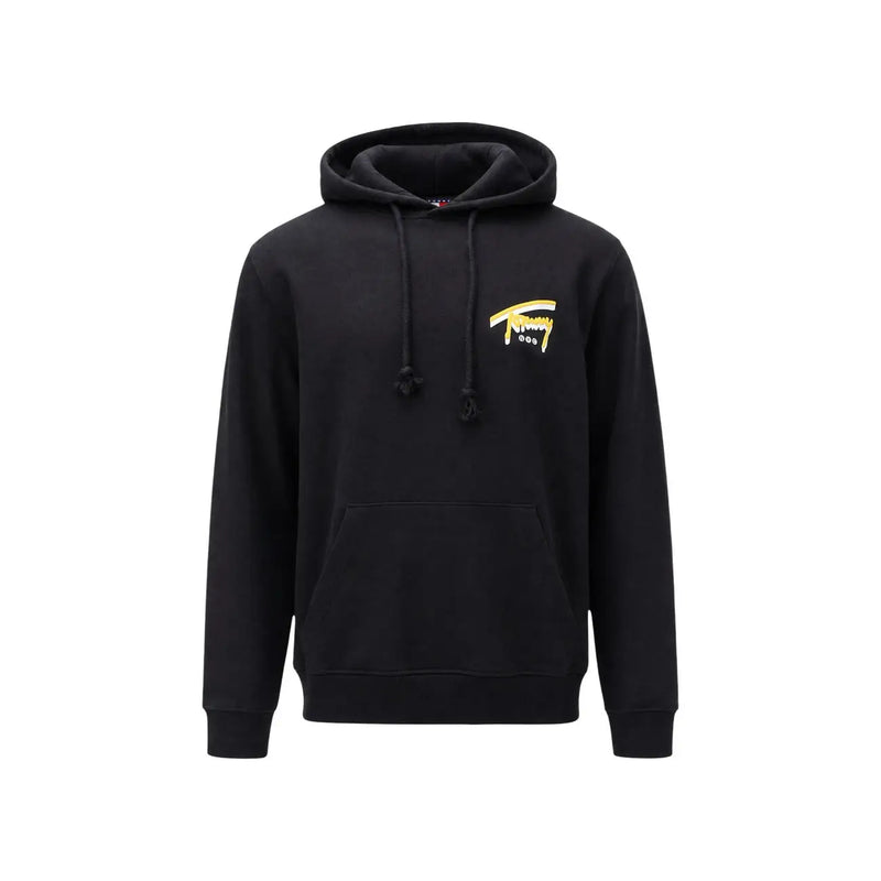 Tommy Hilfiger Sweat à capuche noir en coton pour homme, orné d'un motif doré sur la poitrine et de cordons de serrage assortis.