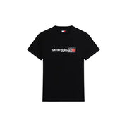 Tommy Hilfiger T-shirt noir en coton pour homme, col rond et logo blanc et rouge sur la poitrine