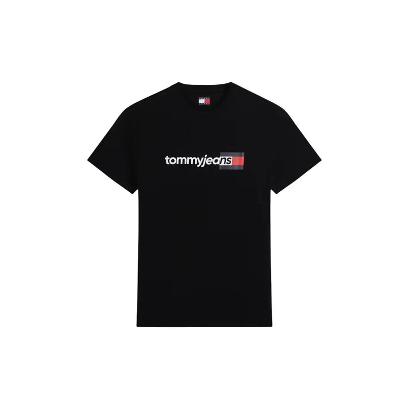 Tommy Hilfiger T-shirt noir en coton pour homme, col rond et logo blanc et rouge sur la poitrine