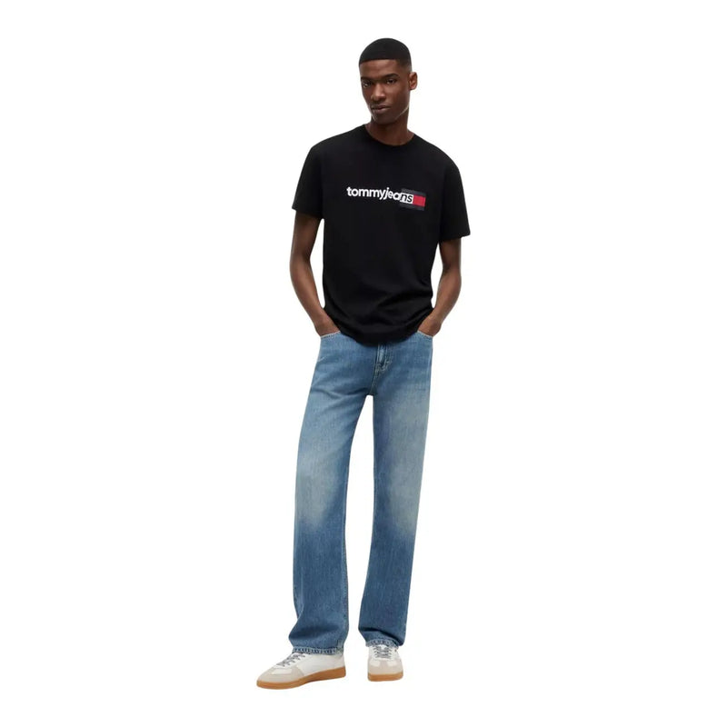 Tommy Hilfiger T-shirt noir en coton pour homme, col rond et logo blanc et rouge sur la poitrine