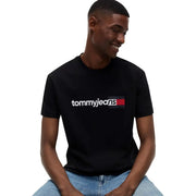 Tommy Hilfiger T-shirt noir en coton pour homme, col rond et logo blanc et rouge sur la poitrine