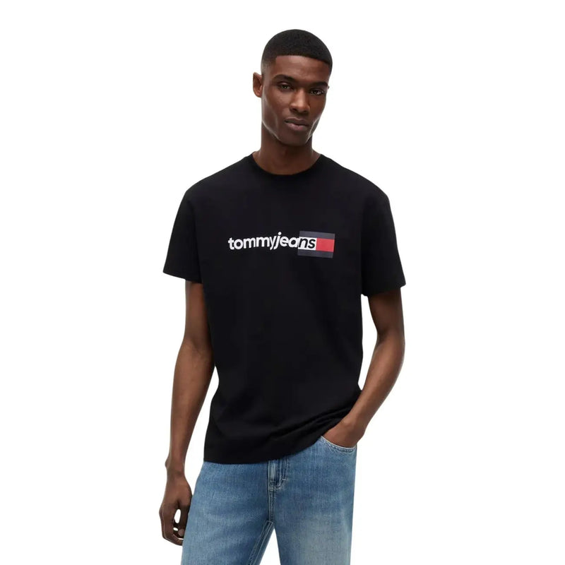 Tommy Hilfiger T-shirt noir en coton pour homme, col rond et logo blanc et rouge sur la poitrine