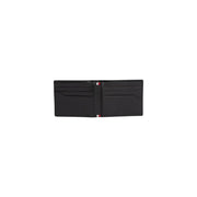Tommy Hilfiger men black leather business wallet with multiple card slots and red white and blue striped tab