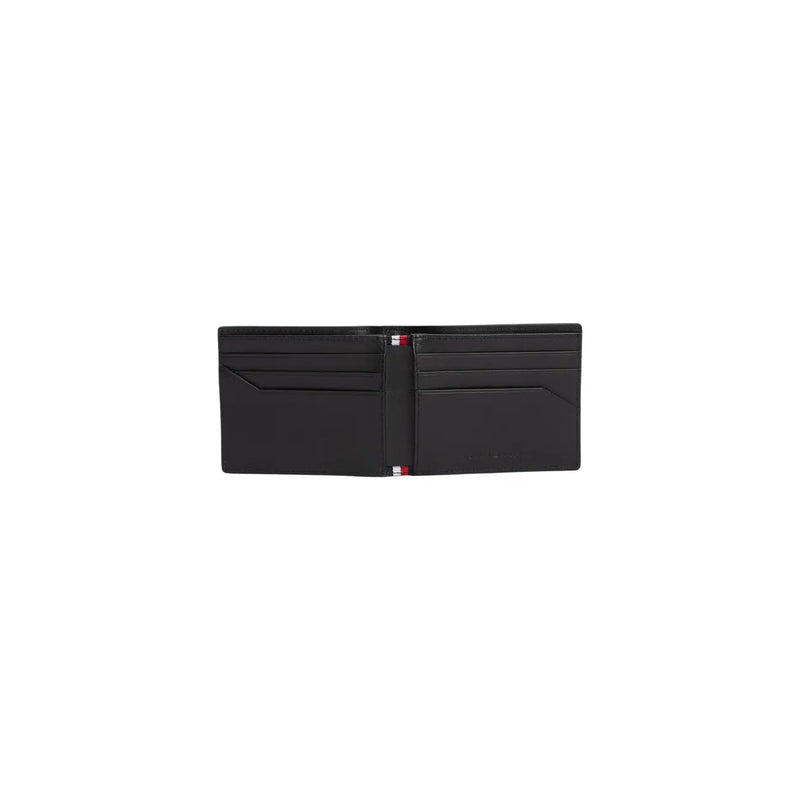 Tommy Hilfiger men black leather business wallet with multiple card slots and red white and blue striped tab