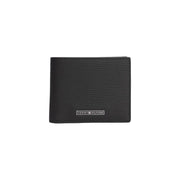 Tommy Hilfiger men black leather business wallet with textured finish and silver logo plaque on the front
