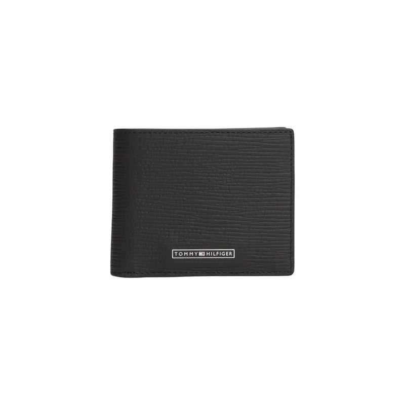 Tommy Hilfiger men black leather business wallet with textured finish and silver logo plaque on the front