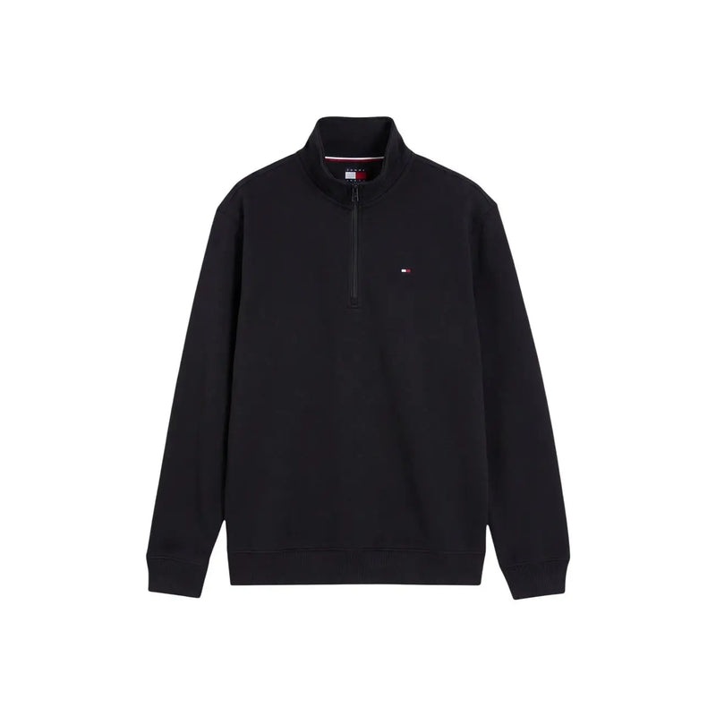 Tommy Hilfiger Sweat-shirt homme en molleton de coton biologique noir à demi-zip avec petit logo brodé sur la poitrine