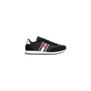 Tommy Hilfiger Baskets noires pour hommes en polyester avec semelle en caoutchouc blanc et empiècement latéral rayé rouge, blanc et bleu emblématique