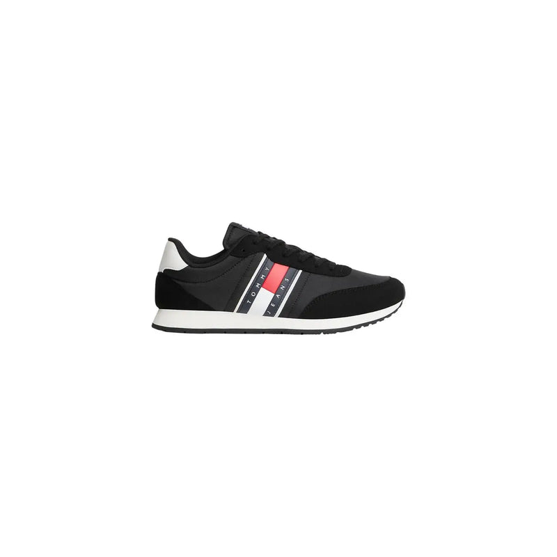 Tommy Hilfiger Baskets noires pour hommes en polyester avec semelle en caoutchouc blanc et empiècement latéral rayé rouge, blanc et bleu emblématique