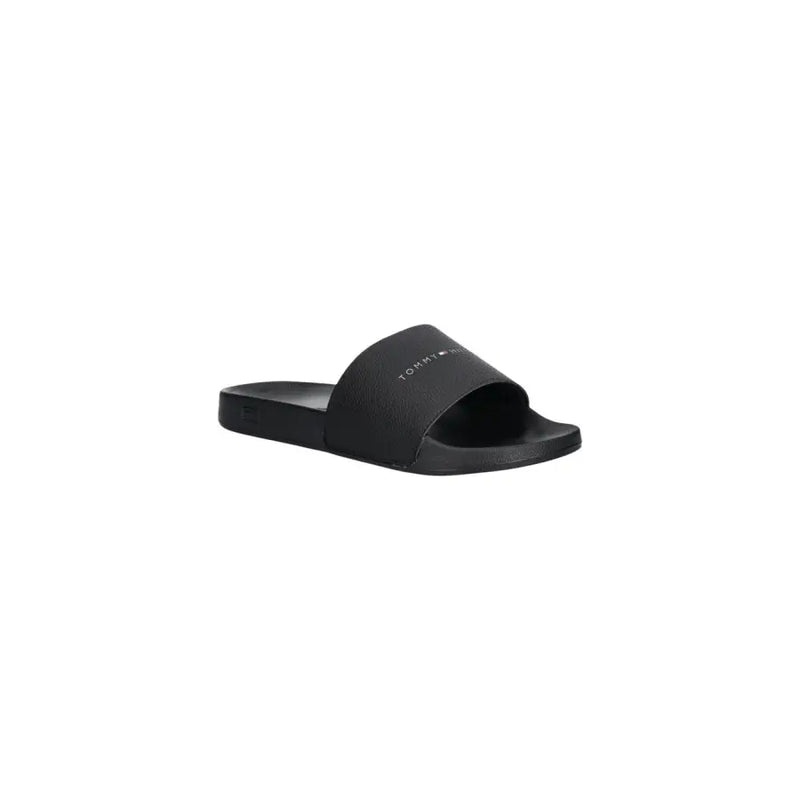 Sandales Tommy Hilfiger noires en polyuréthane, au design minimaliste et au logo discret sur la bride, pointure 41.