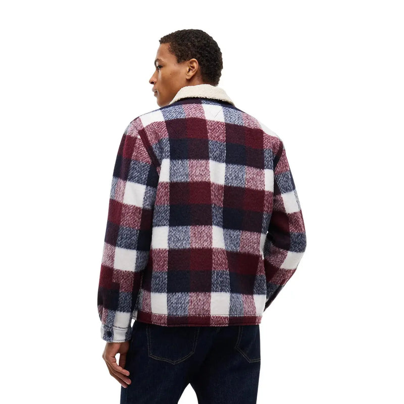 Tommy Hilfiger Blazer d'hiver bleu pour homme en polyester, confectionné dans une flanelle à carreaux bordeaux et marine confortable, avec un col en peau lainée blanche.