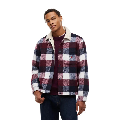 Tommy Hilfiger Blazer homme en polyester à carreaux bordeaux, bleu marine et blanc avec col en peau lainée, idéal pour l'hiver.