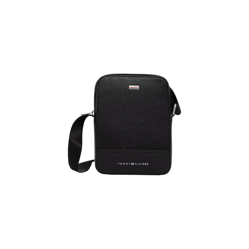 Sac bandoulière en cuir noir texturé avec des finitions argentées et Tommy Hilfiger marquage pour hommes 20 cm