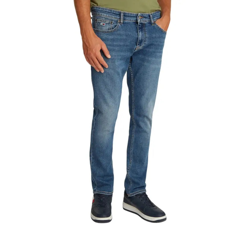 Jean Tommy Hilfiger pour homme, bleu, en coton stretch, coupe slim, délavage délavé, avec logo sur la poche arrière (face arrière).