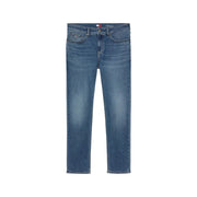 Jeans en coton stretch bleu pour hommes par Tommy Hilfiger avec une coupe droite classique et un logo subtilement délavé à la taille