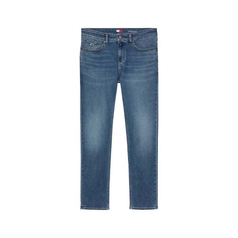 Jeans en coton stretch bleu pour hommes par Tommy Hilfiger avec une coupe droite classique et un logo subtilement délavé à la taille