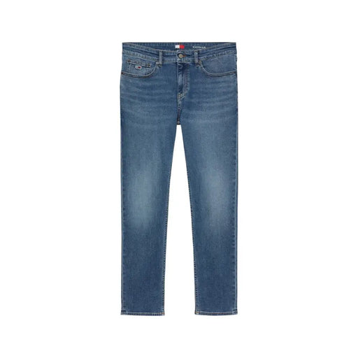 Jeans en coton stretch bleu pour hommes par Tommy Hilfiger avec une coupe droite classique et un logo subtilement délavé à la taille