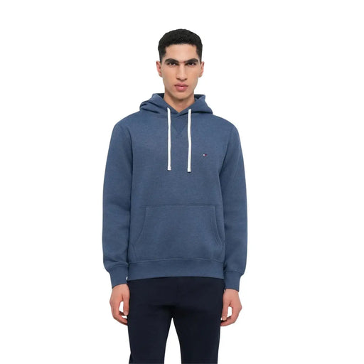 Tommy Hilfiger Sweat à capuche bleu en coton pour homme, avec cordons de serrage blancs et petit logo sur la poitrine