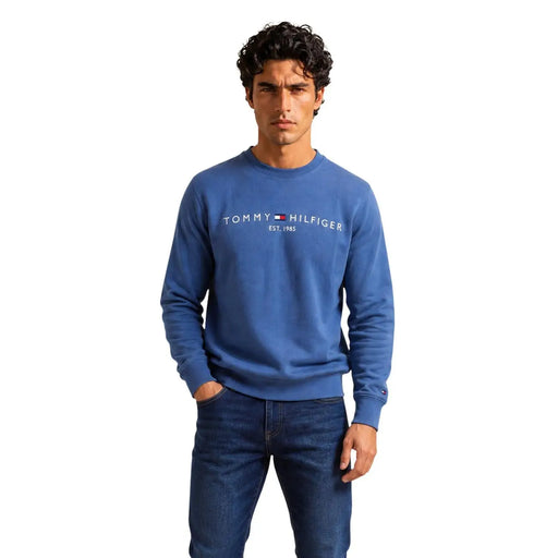 Tommy Hilfiger Sweat-shirt bleu en coton pour homme, orné d'un logo blanc et d'un drapeau sur la poitrine.