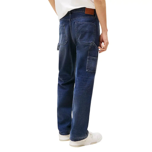 Tommy hilfiger men blue organic cotton denim cargo pants with large patch pockets and brown leather brand tab