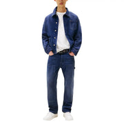 Tommy hilfiger men blue organic cotton jeans paired with dark blue denim jacket with button closures and chest pocket