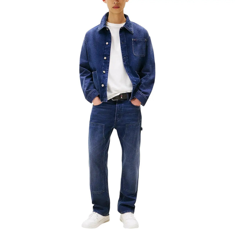 Tommy hilfiger men blue organic cotton jeans paired with dark blue denim jacket with button closures and chest pocket