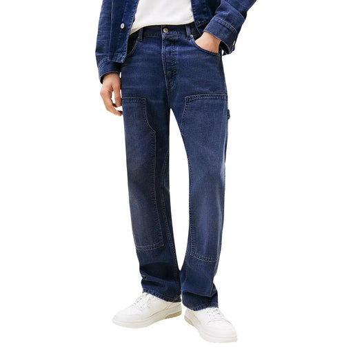 Tommy Hilfiger men blue organic cotton jeans with dark blue denim, reinforced patch pockets, and straight-leg cut back view