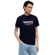 bleu marine Tommy Hilfiger T-shirt homme en coton bio avec logo Tommy 19 Jeans 85 blanc et emblème drapeau sur la poitrine