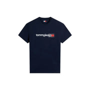 T-shirt Tommy Hilfiger bleu marine pour homme en coton bio, avec logo blanc et rouge sur la poitrine