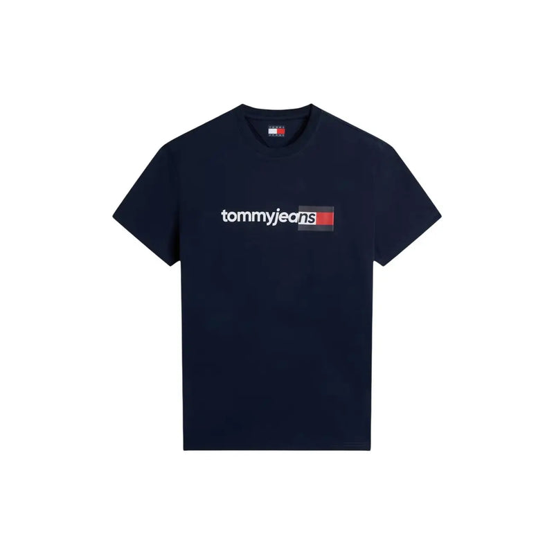 T-shirt Tommy Hilfiger bleu marine pour homme en coton bio, avec logo blanc et rouge sur la poitrine