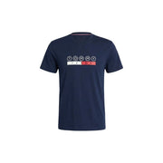 T-shirt Tommy Hilfiger bleu marine pour homme, en coton biologique, avec logo blanc et rouge sur la poitrine.