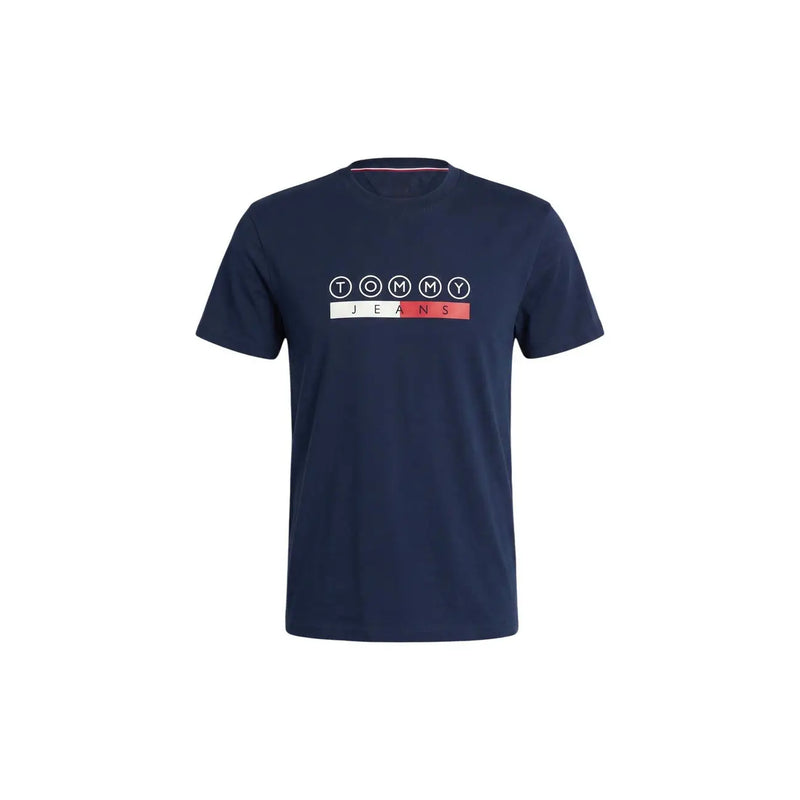 T-shirt Tommy Hilfiger bleu marine pour homme, en coton biologique, avec logo blanc et rouge sur la poitrine.