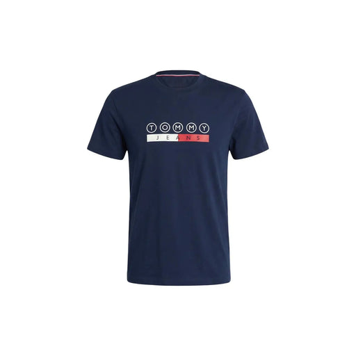 T-shirt Tommy Hilfiger bleu marine pour homme, en coton biologique, avec logo blanc et rouge sur la poitrine.