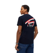 bleu marine Tommy Hilfiger T-shirt homme en coton bio, dos visible avec logo rouge, blanc et noir