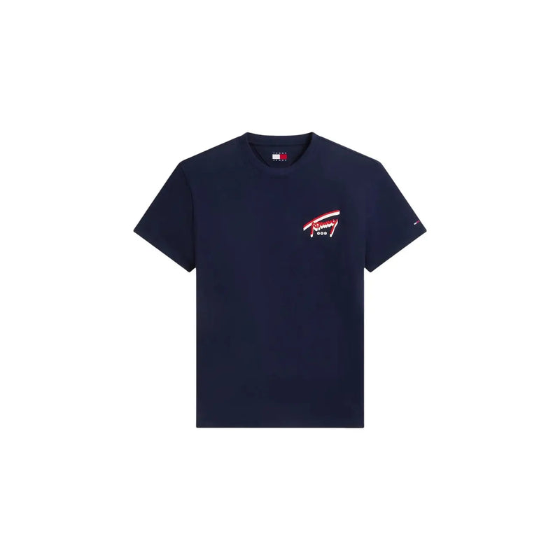 bleu marine Tommy Hilfiger T-shirt homme à manches courtes en coton biologique avec logo rouge, blanc et bleu marine brodé sur la poitrine gauche