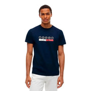 T-shirt Tommy Hilfiger bleu marine pour homme en coton biologique avec logo blanc et rouge sur le devant