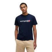 T-shirt Tommy Hilfiger bleu marine pour homme en coton bio, avec logo blanc et rouge sur la poitrine