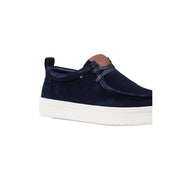 Tommy Hilfiger Mocassins pour hommes en daim bleu avec semelle en caoutchouc blanc et languette arrière en cuir beige, modèle à enfiler
