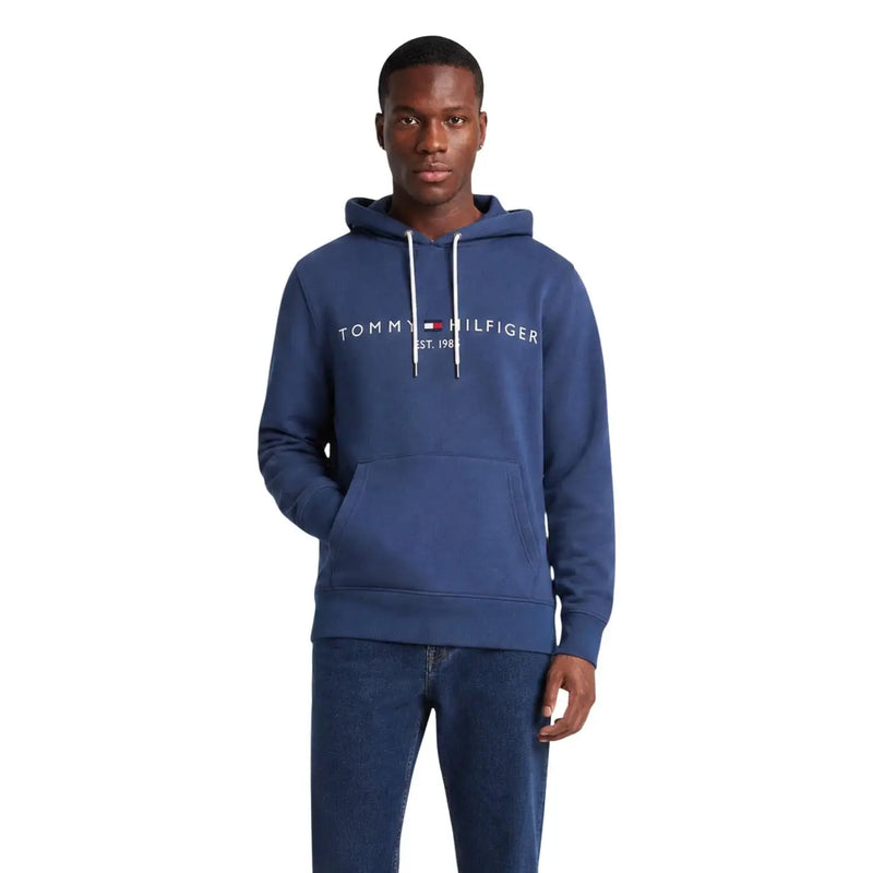 bleu marine Tommy Hilfiger Sweat à capuche en coton pour homme avec cordons de serrage blancs et poche avant pour une tenue décontractée
